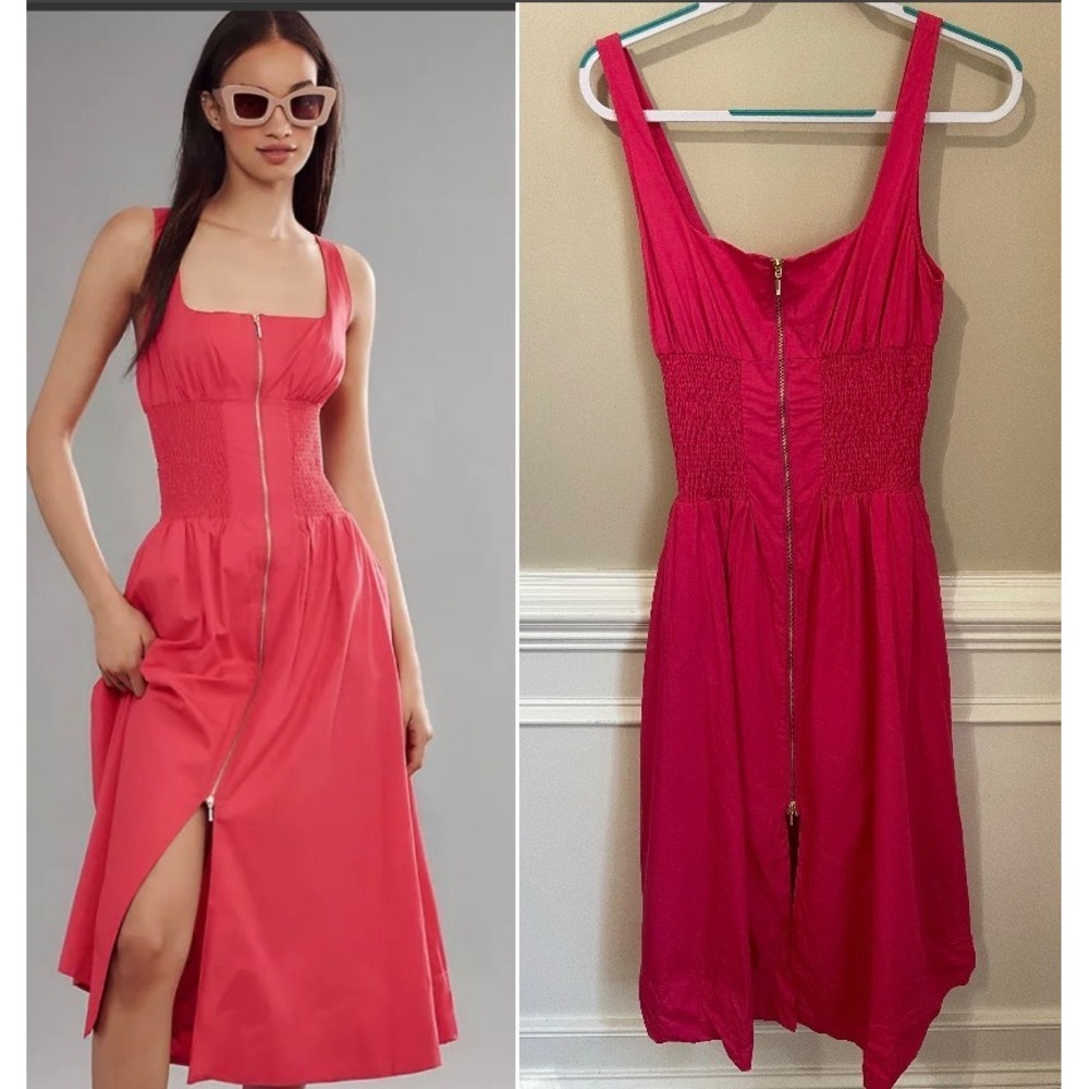 Anthropologie Square Neck Tommie Midi Dress Pink Size S Milkmaid Smocked